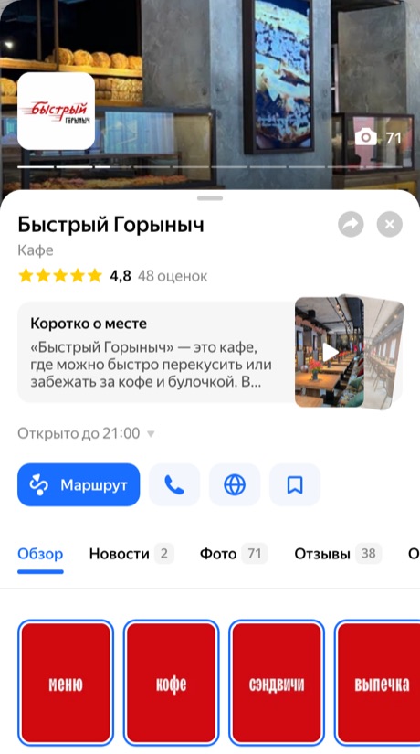 Быстрый Горыныч, карточка в Яндекс Картах